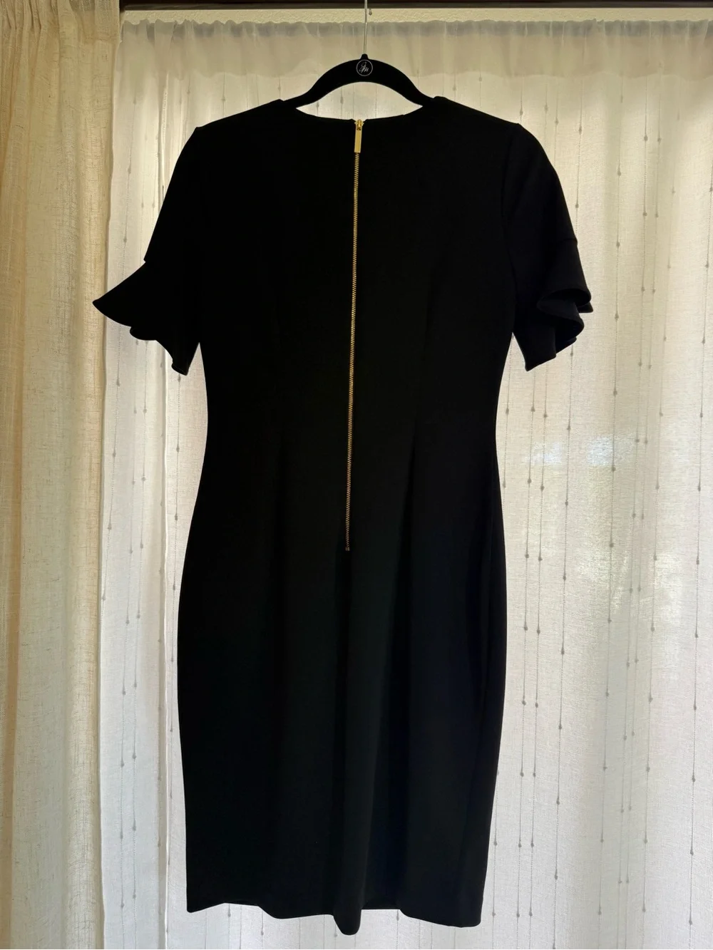 Calvin Klein Black Midi Sheath Dress with Ruffle Sleeves - Picture 2 of 7